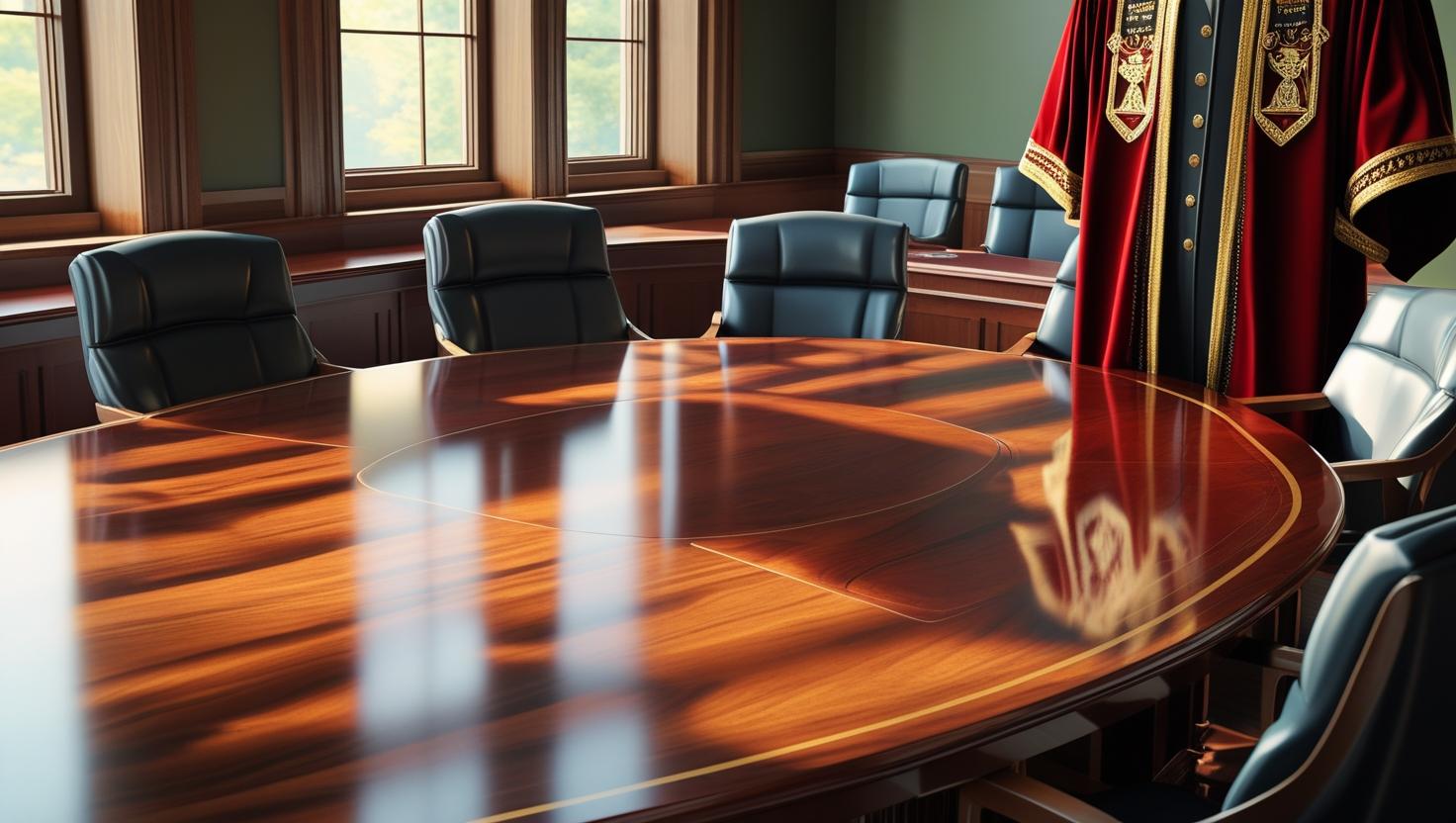 life like image of a city council meeting table with mayor robes hung in the corner Post Title here for best SEO results