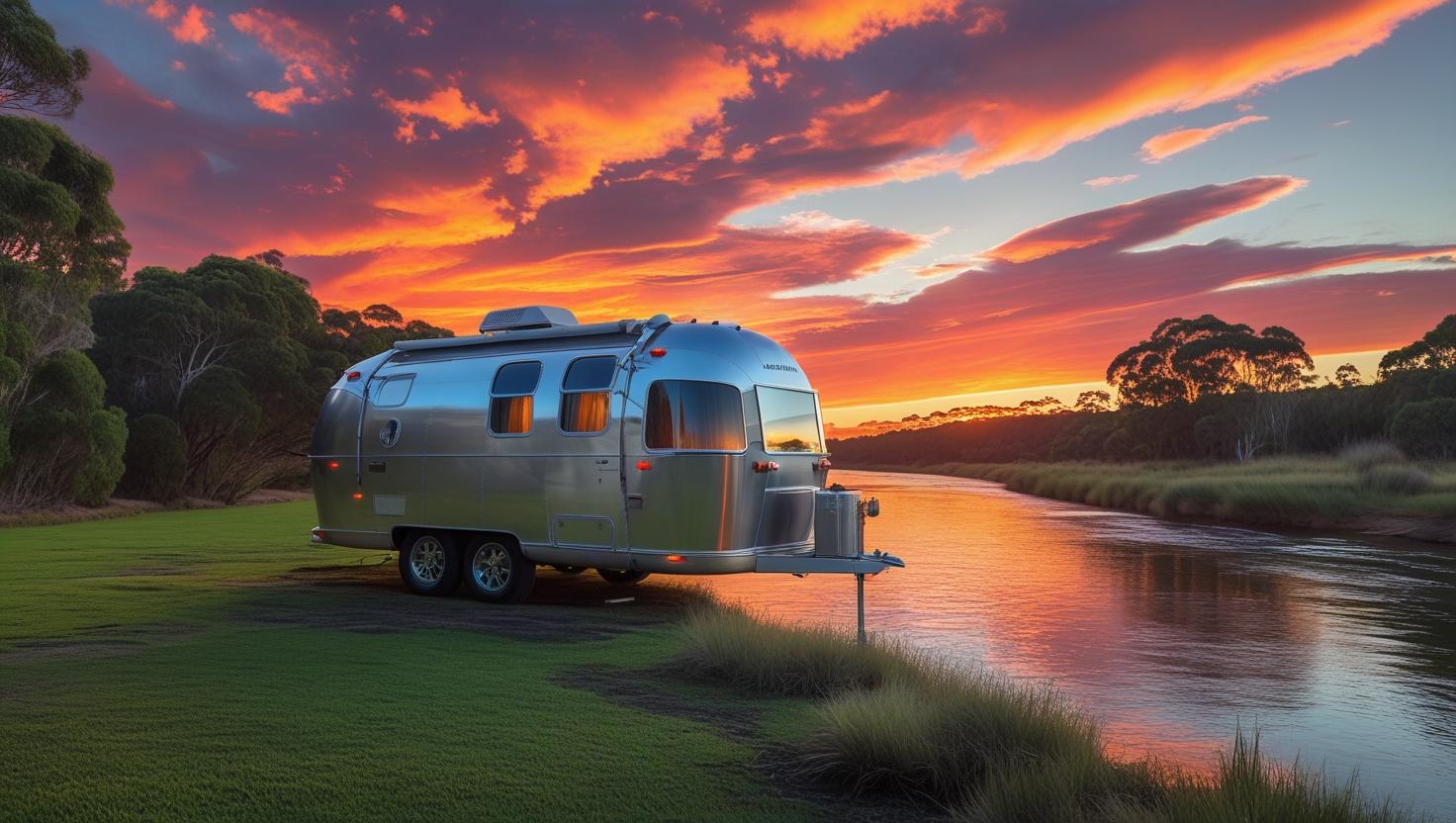 Create image of a RV in Tasmania Australia on a riverbank at sunset Post Title here for best SEO results