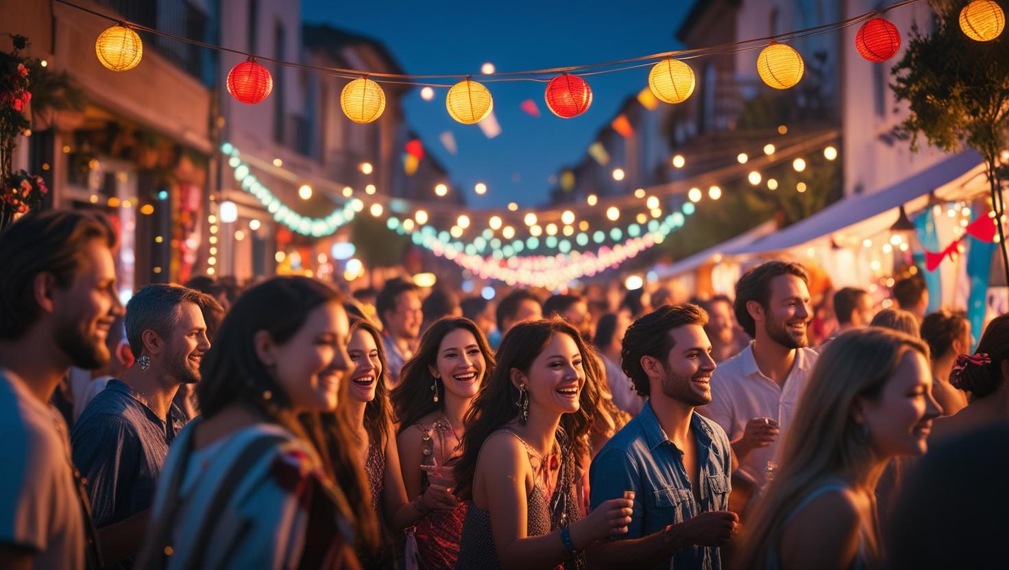 Create photo realistic image of a festival street party at night time Post Title here for best SEO results
