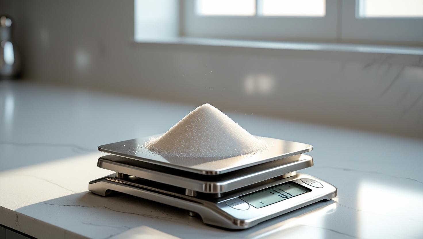 create an image of a set of kitchen scales on a modern kitchen bench with pile of fine gran white sugar on the scales Post Title here for best SEO results