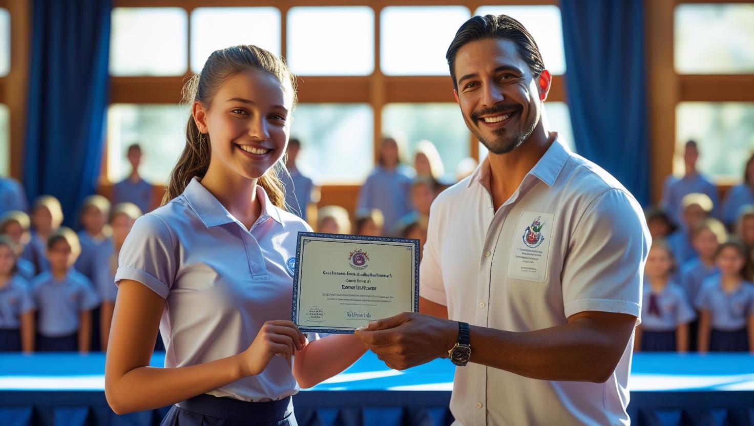 create a photo realistic image of a school hall in Australia, with a student receiving a certificate on the stage from a teacher Post Title here for best SEO results